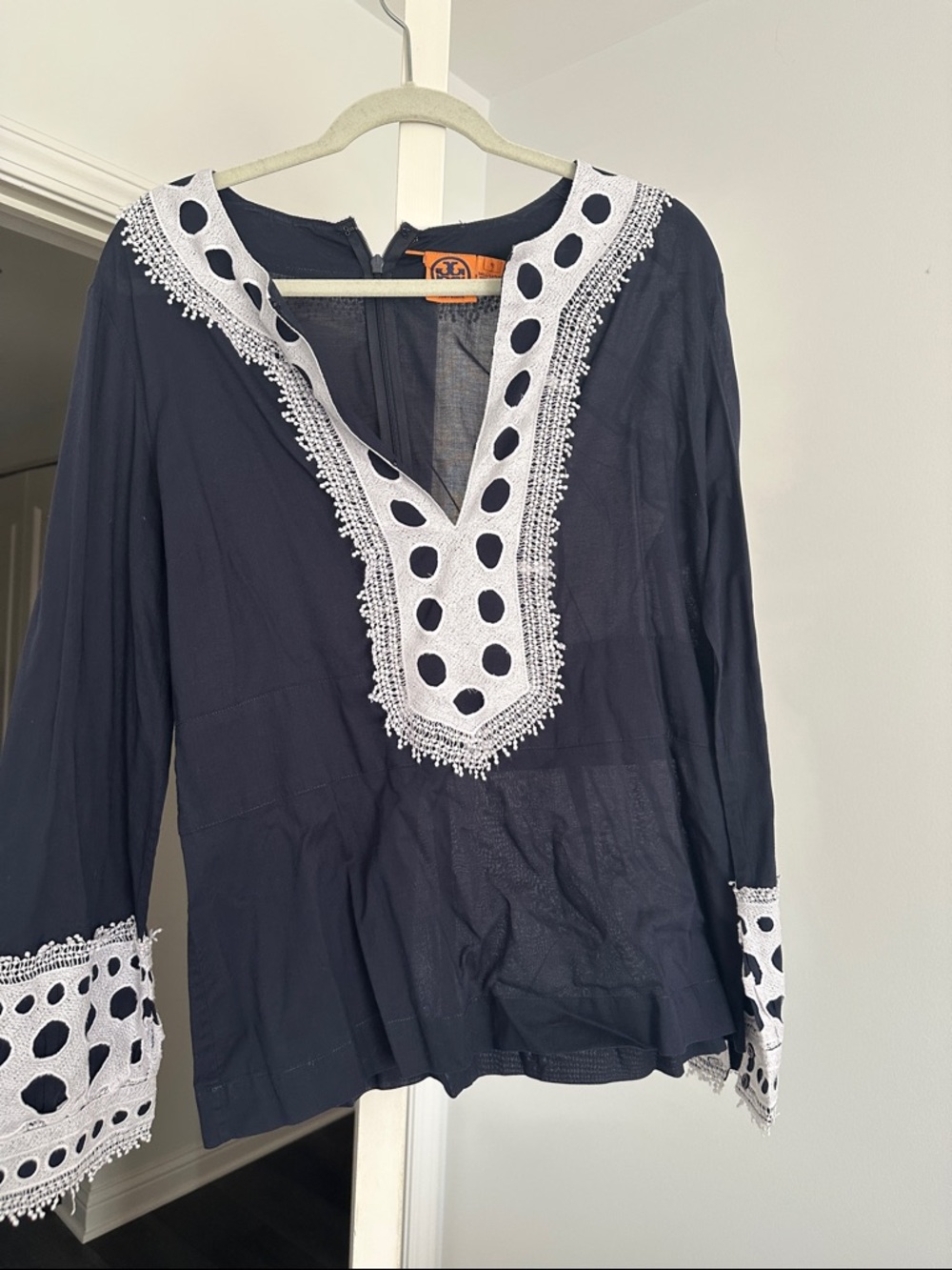Tory Burch Navy Long-Sleeve Blouse with White Polka-Dot Trim